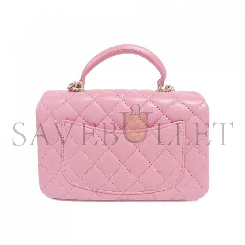 CHANEL QUILTED TOP HANDLE MINI RECTANGULAR PINK LAMBSKIN AS2431 (20*12*6cm)